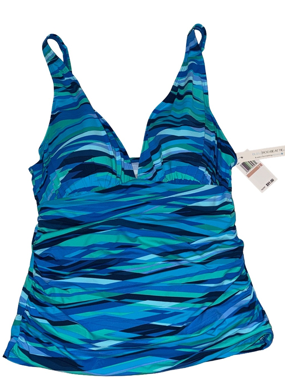 NWT Bleu Rod Beattie Blue & Teal Wave Ruched VNeck Tankini Top, Size: 6, NWT